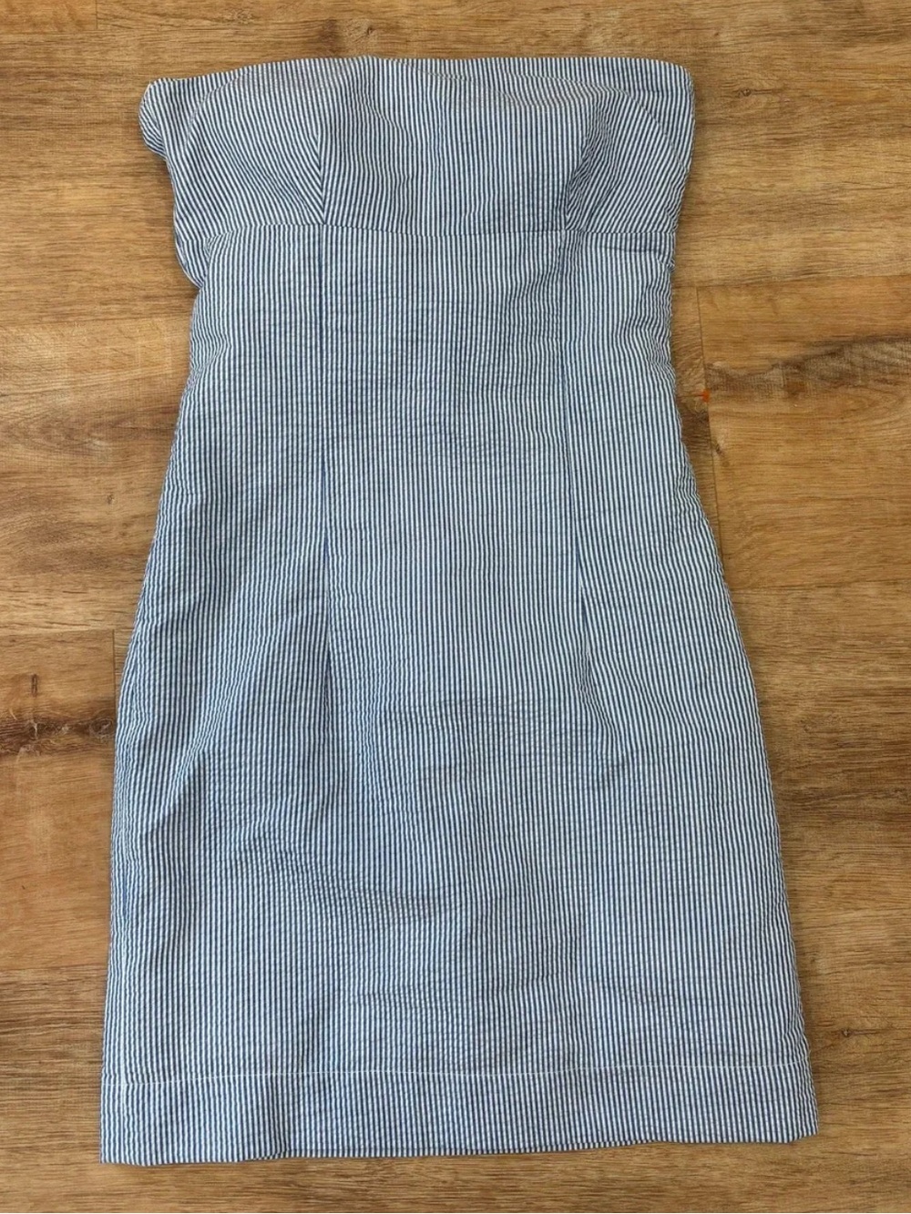 Striped Strapless Seersucker Dress in Blue and White